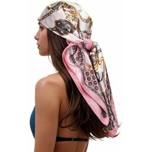 Women's Pink Yellow  Head Scarf Like Silk Printed Square Hair Bandanas 35 Inches